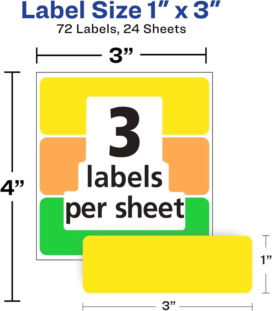 Color-Coding Removable Labels,1"X 3",Assorted Neon Colors, Non-Printable,72 Blan