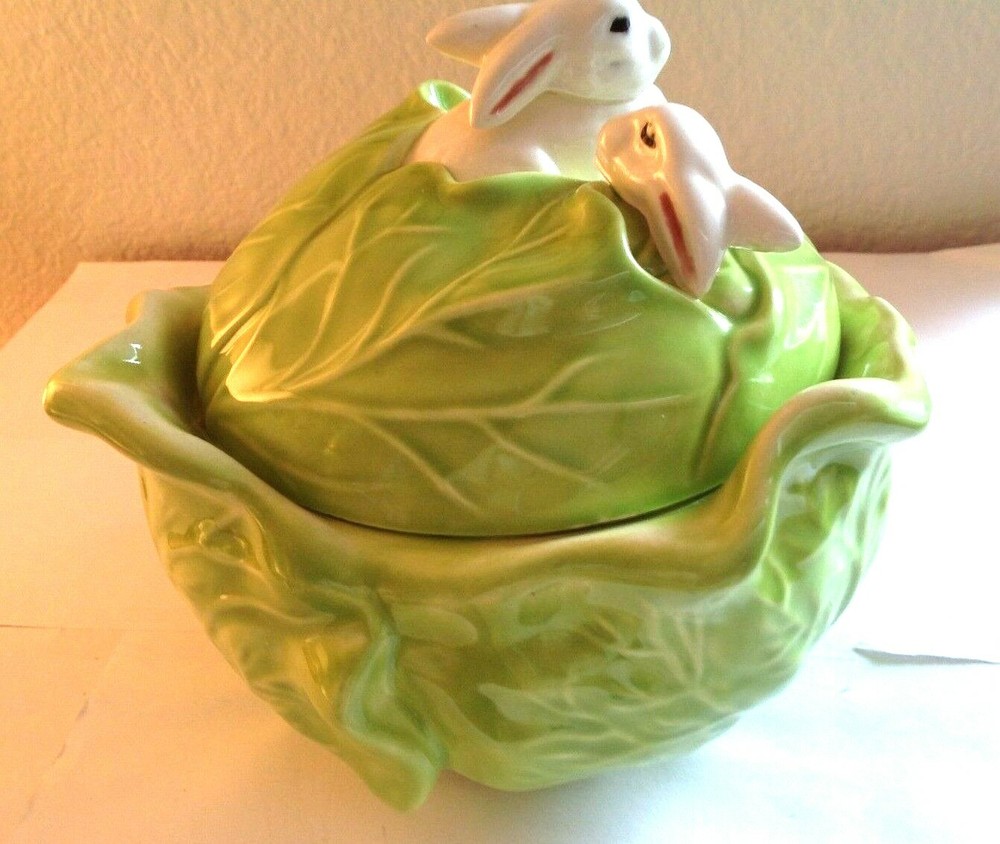 Vintage Bunny Rabbits Inside Green Cabbage Serving Dish