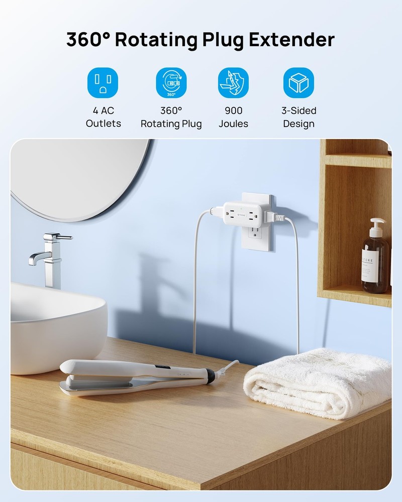 TROND Surge Protector Outlet Extender with 360 No USB, Protector, White