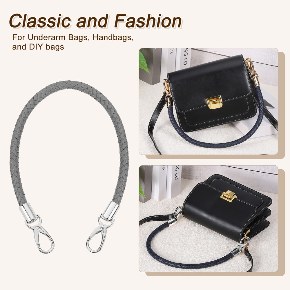 2Pcs 50cm Short Leather PU Braided Purse Replacement (Dark Gray, Silver)