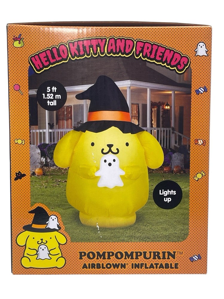 Hello Kitty Pompompurin Witch Hat & Ghost Light Up Halloween Yard Inflatable 5'