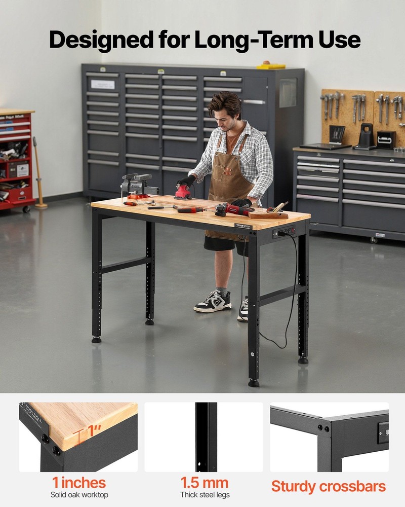 Heavy Duty Workbench 48x20in 2000lb Load 4AC 2USB Outlet Integrated