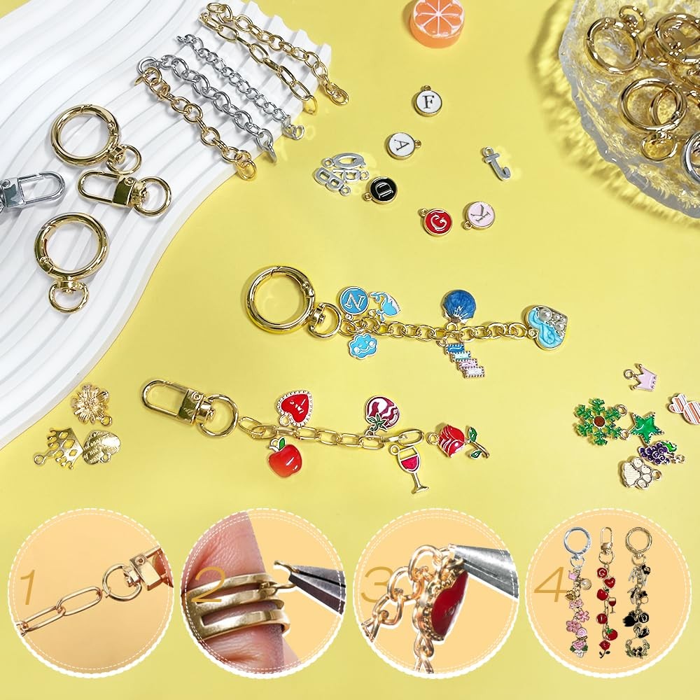 430 Pcs Keychain Making Kit - Bag Charm kit with 25 Extender Chains 25 Keycha...