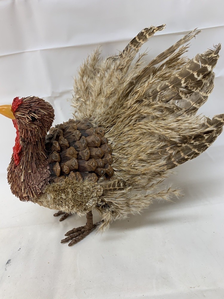 10” Natural Materials Turkey Statue Pinecone Feathers Rustic Thanksgiving Décor