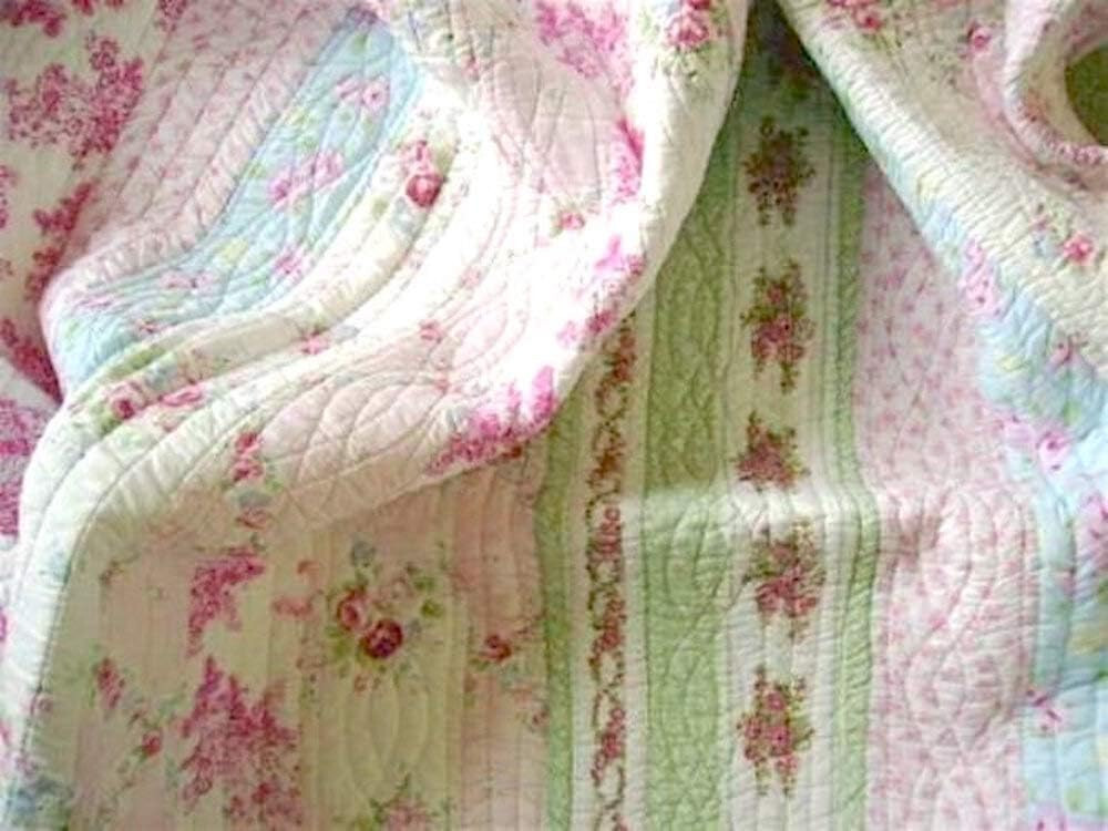 COZY COTTAGE WILD ROSE 3pc Queen QUILT SET : COTTON VINTAGE PINK GREEN  BLUE