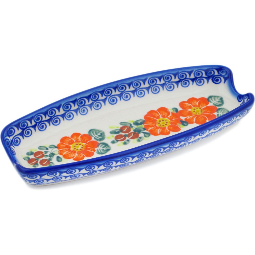 Polish Pottery Corn Tray 9" Red Blossom