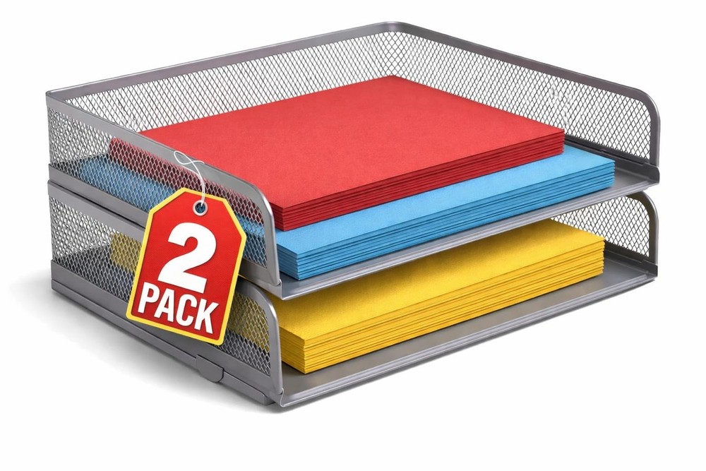 Stackable Side Load Letter Tray, Silver Wire Metal Mesh Paper Tray Organizer,...