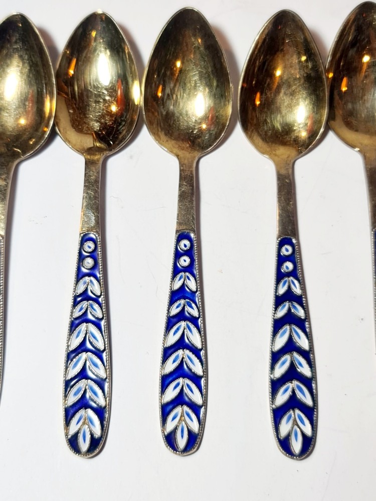 Antique Russian Blue Enamel Gilded Silver Spoons