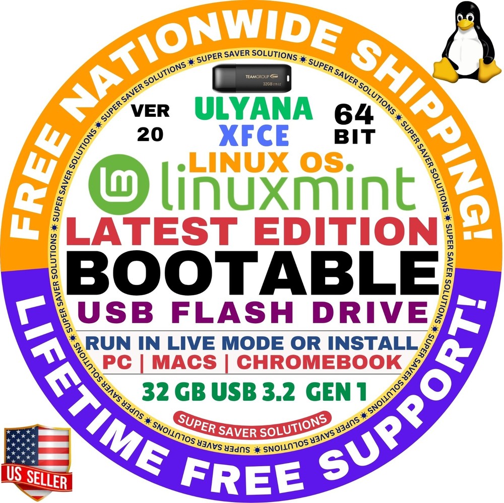 Linux MINT 20 USB Ulyana XFCE 64-Bit Live Boot, Full Install for MAC, PC