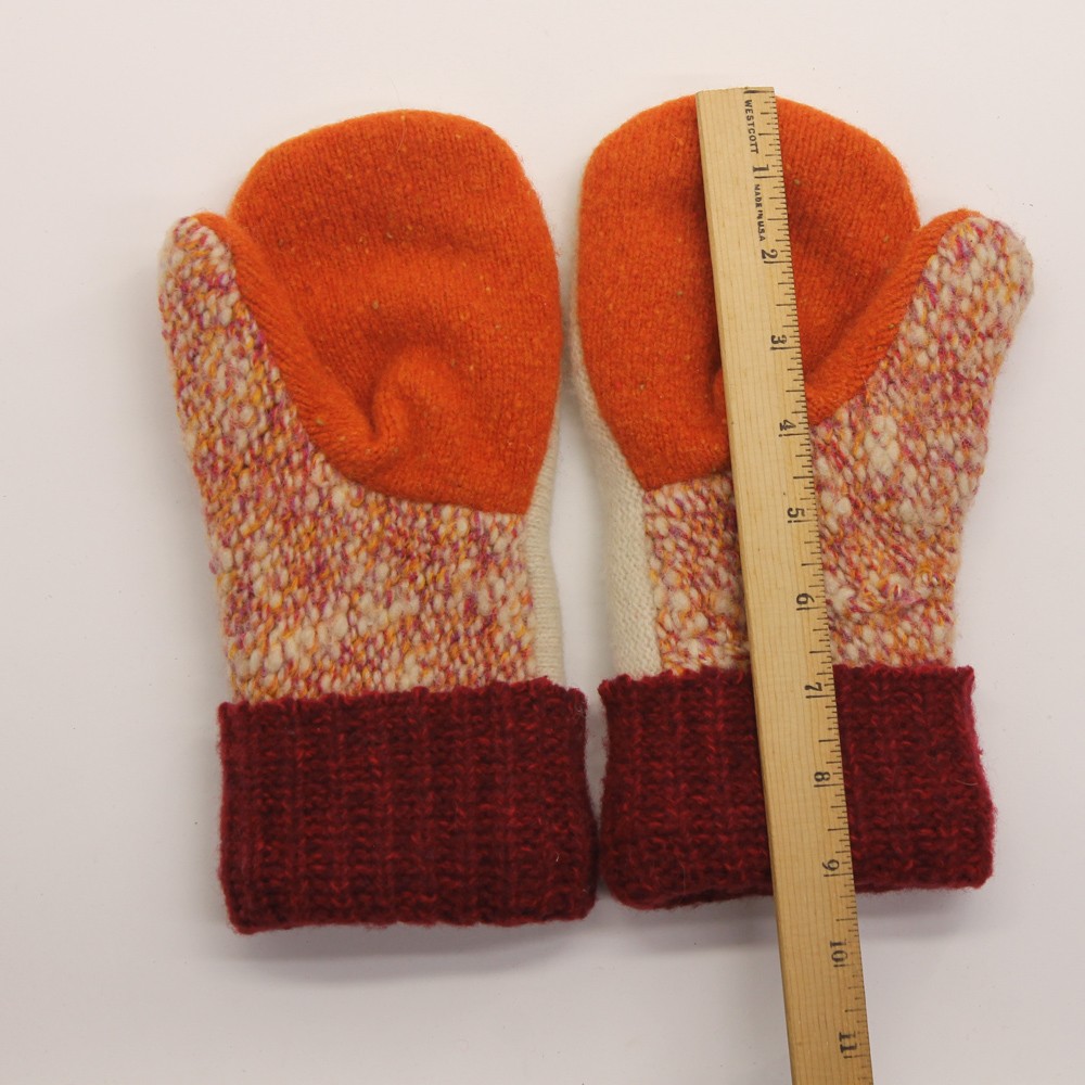 Beige Orange Palm Red Cuff Upcycle Winter Mitten Fleece Lined