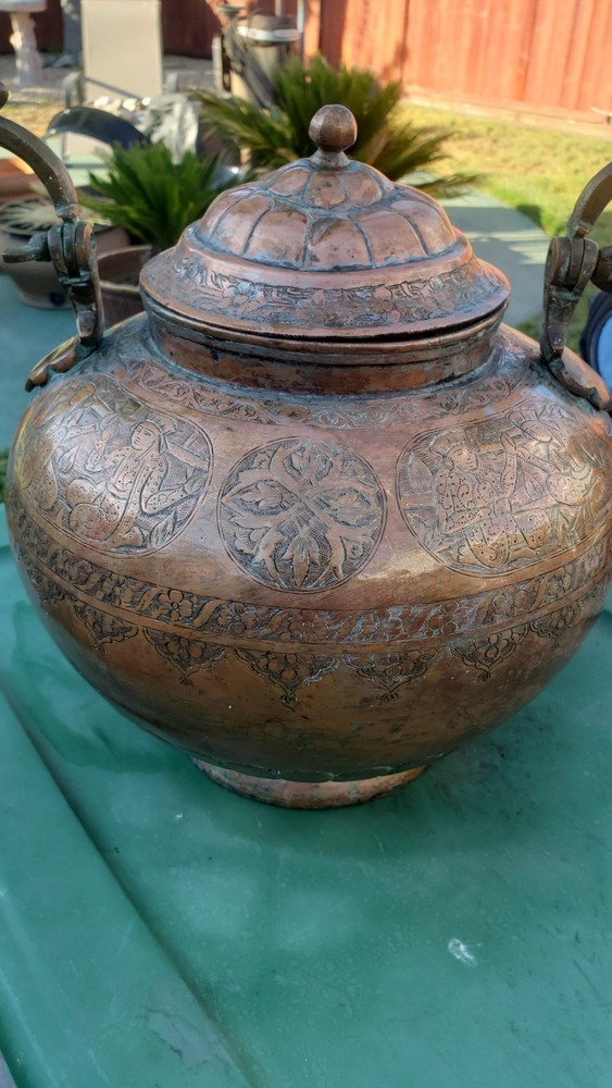 Antique Large Copper Silver Teapot Kettle Middle Eastern