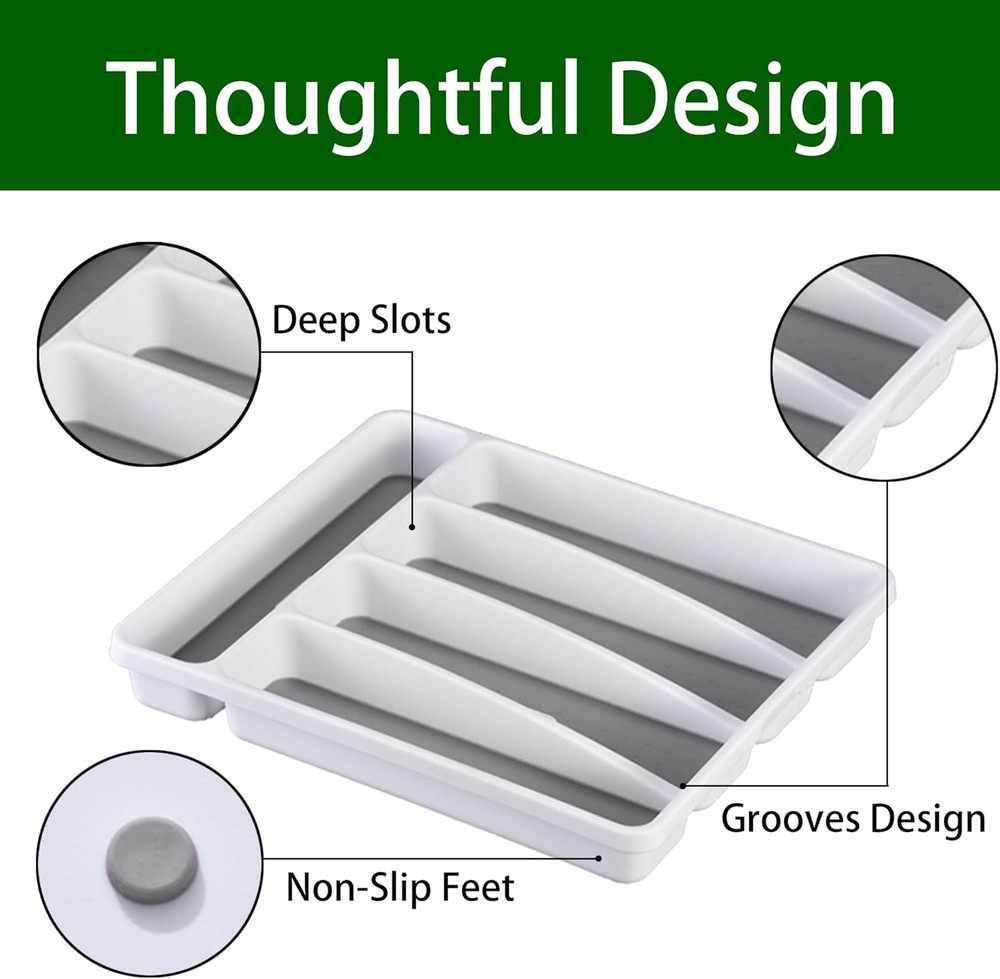 Silverware Organizer Utenisl Holder Kitchen Drawer 5 Slots, White