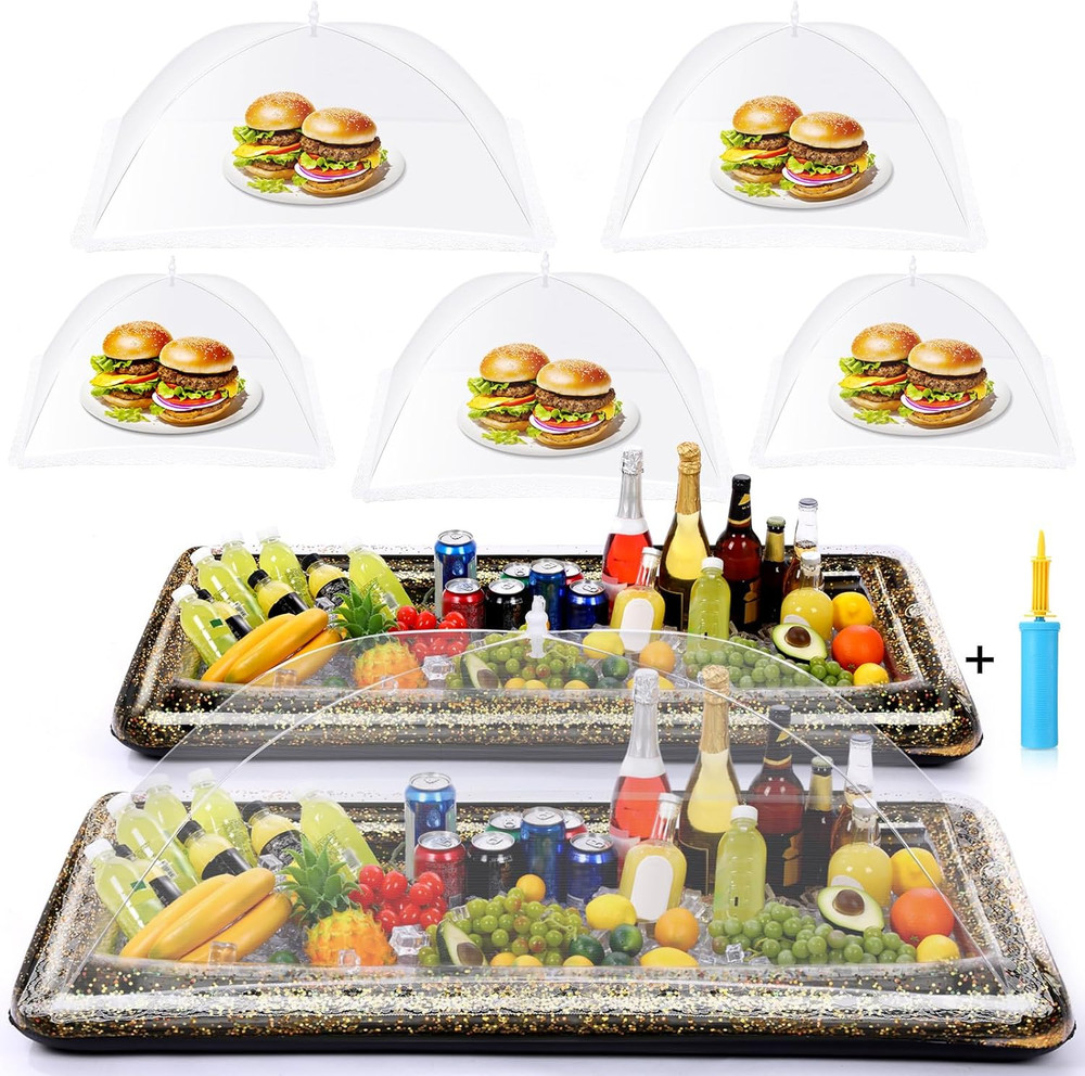 8 Pcs Glitter Inflatable Serving Bar Kit Includes 2 Salad Buffet Tray with Drain