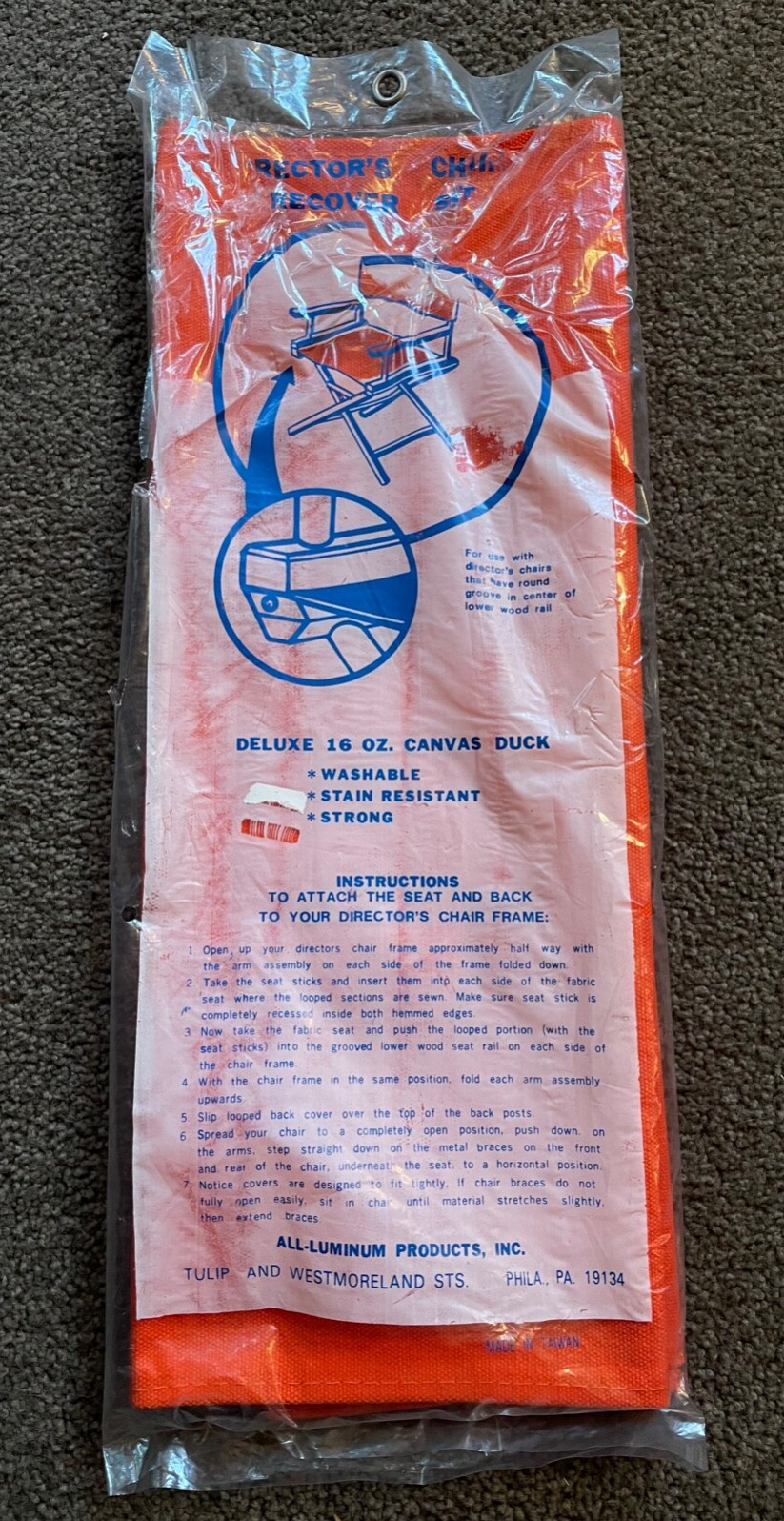 Vtg Director's Chair Replacement Seat & Back Cover Orange Canvas duck