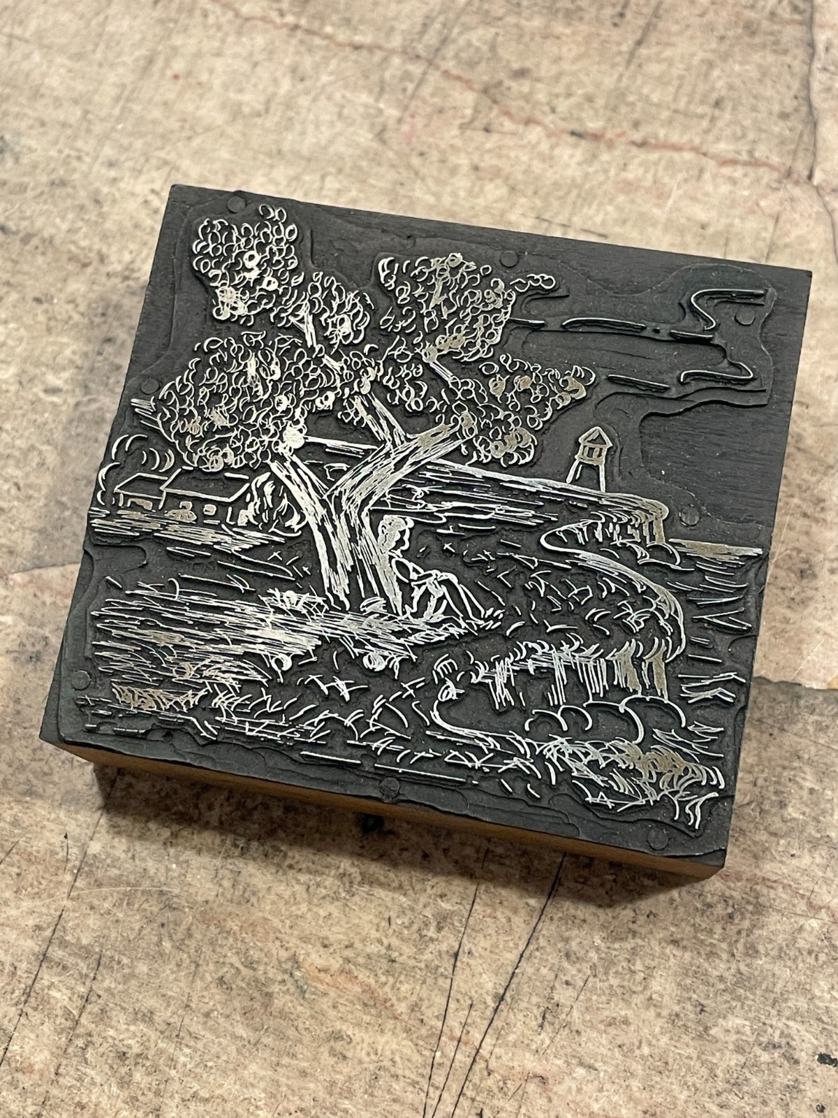 Printing Letterpress Printers Block Coastal Scene Tree Lighthouse Home (1583)