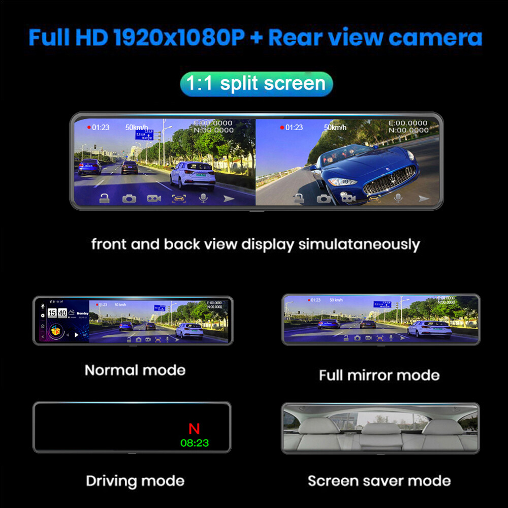 4GB+32GB ROM Car DVR 12" Android 8.1 Rearview Mirror GPS Navigation Dashboad DVR