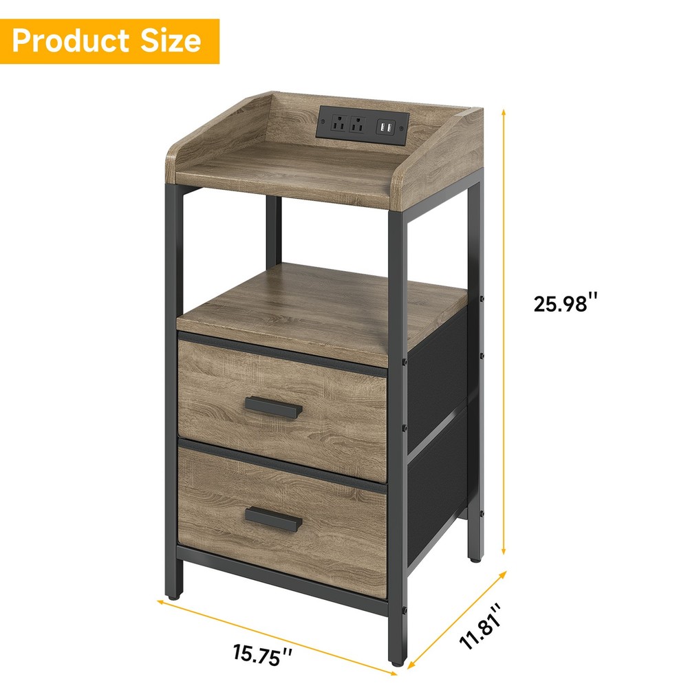 ༝Nightstand With Charging Station Modern Bedside End Side Table With Guardrail
