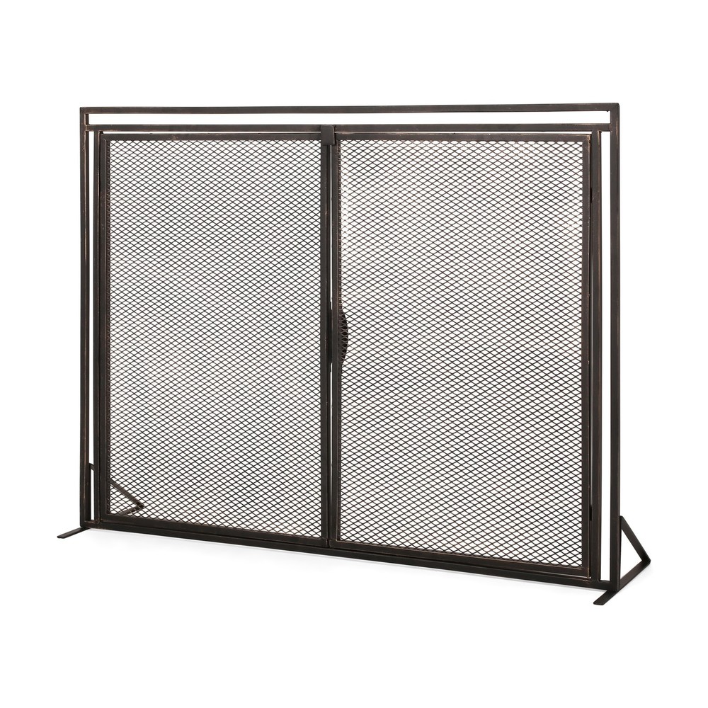 40" Iron Fireplace Screen Matte Black, Modern Single Panel with 2 Access Doors