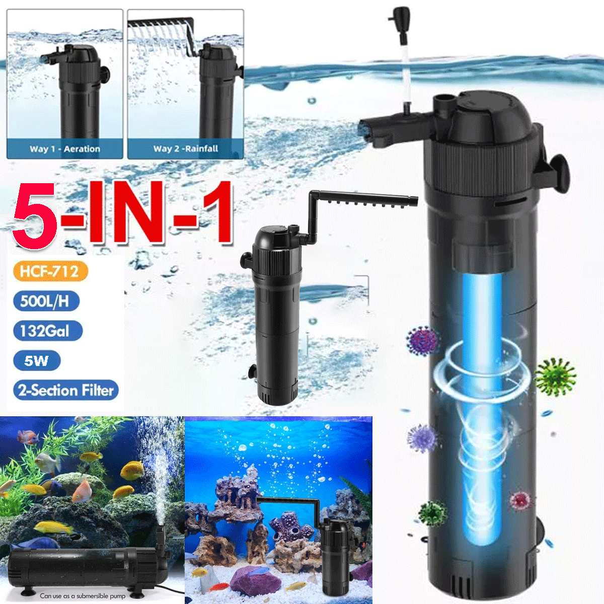 5-IN-1 Internal Aquarium Fish Tank UV Sterilizers Filter Submersible Water Pump