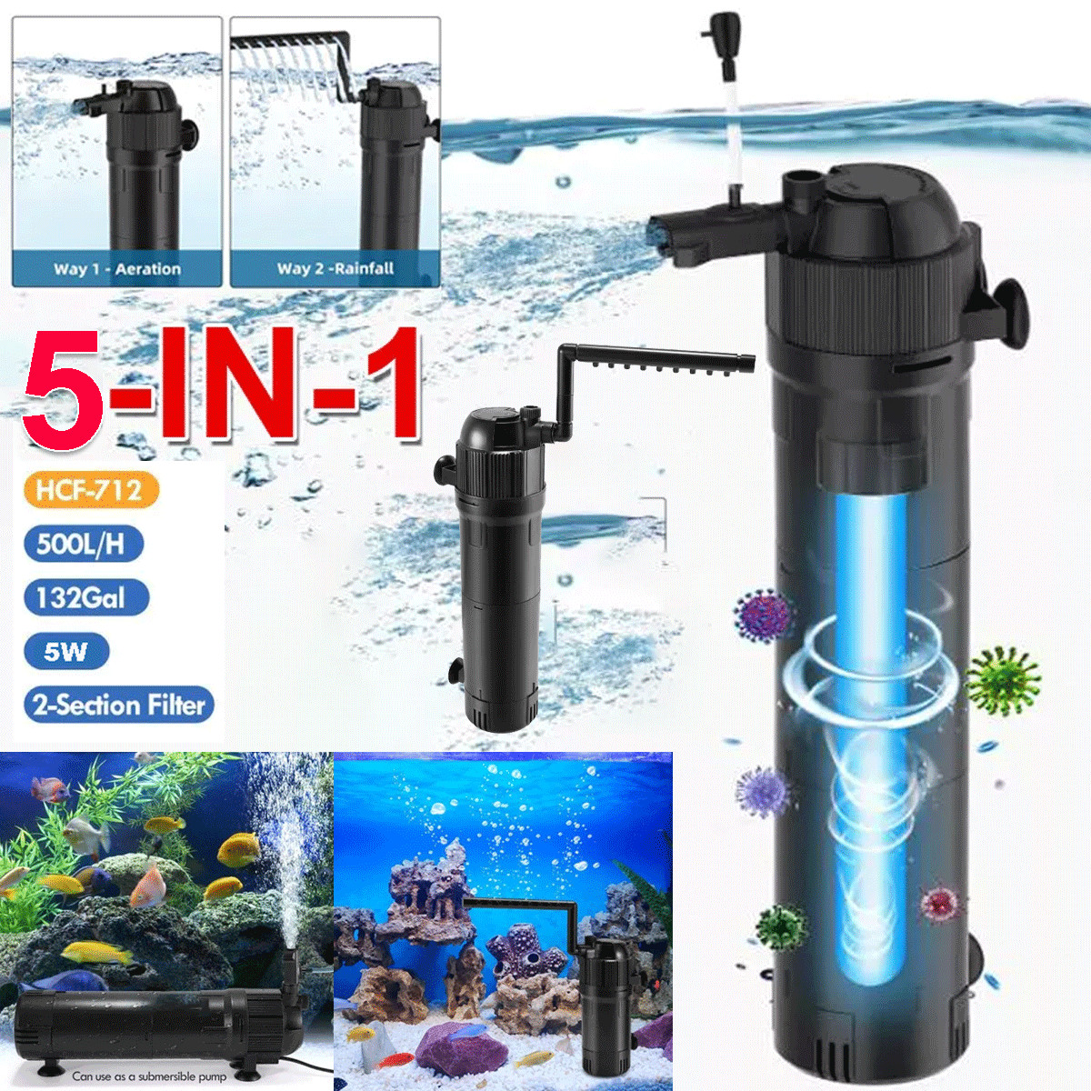 Aquarium Submersible UV Sterilizer Filter Light Fish Tank Germicidal Water Pump