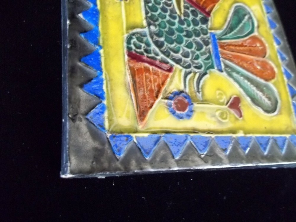 Dated Tile ornate Bird Middle Eastern Boho Decor signed Turkish? 1958 Blue Green