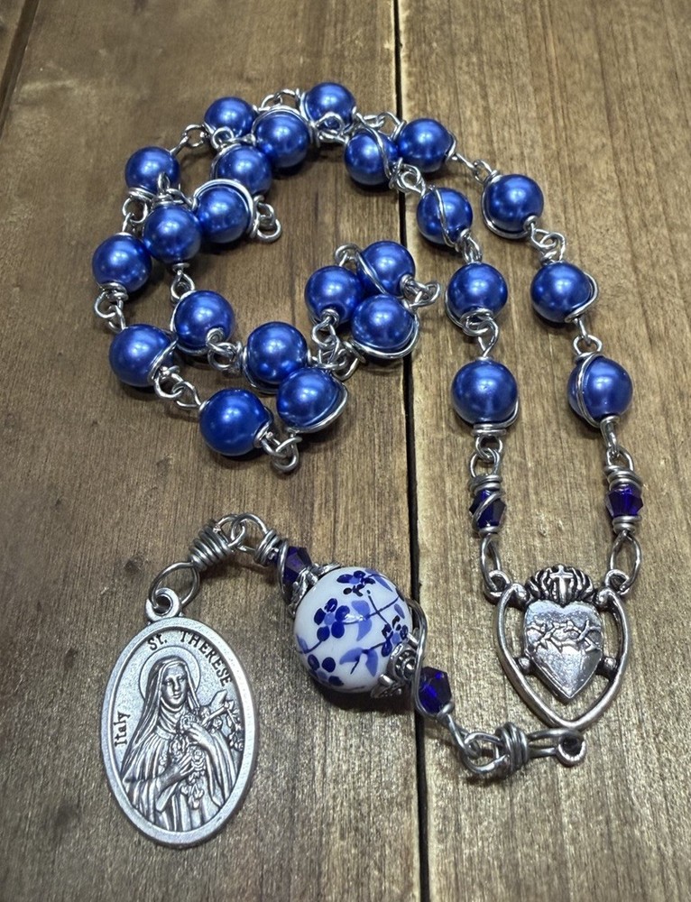 St. Therese Chaplet, Blue Beads Catholic Chaplet  - Handmade