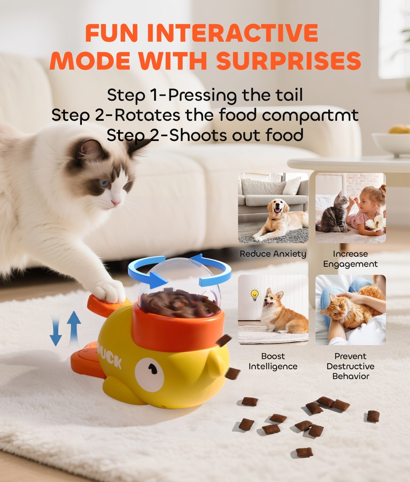 Duck Dog Food Treat Dispenser, 2-in-1 Interactive Dog Puzzle Toy Slow Feeder-USA