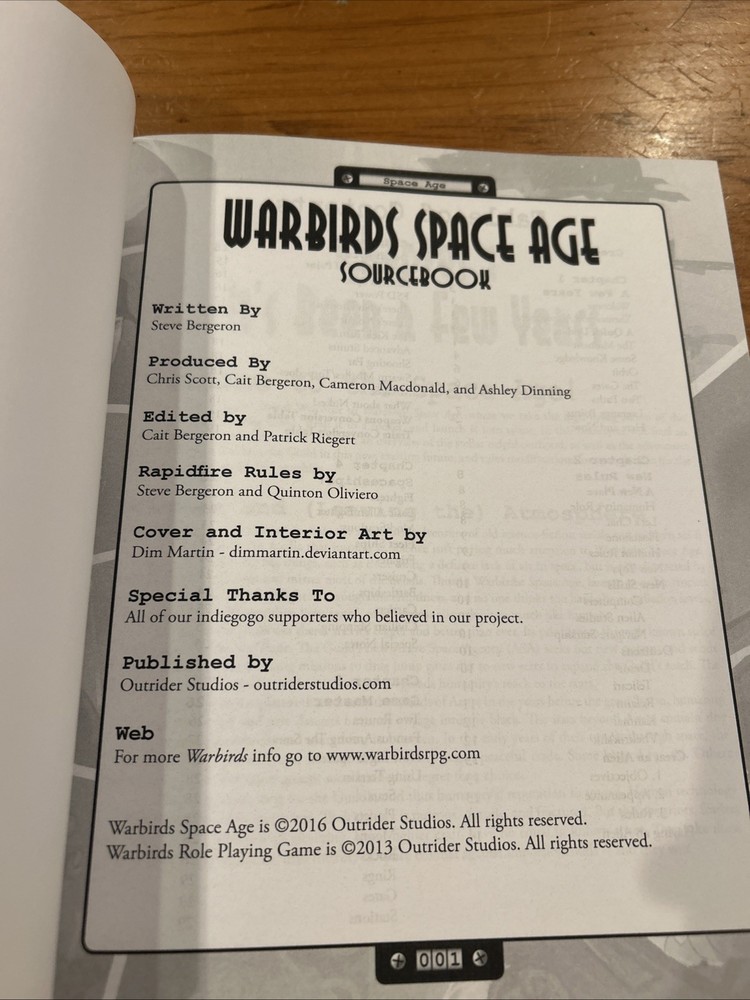 Warbirds Space Age rpg sourcebook - Outrider Studios 2016 Softcover