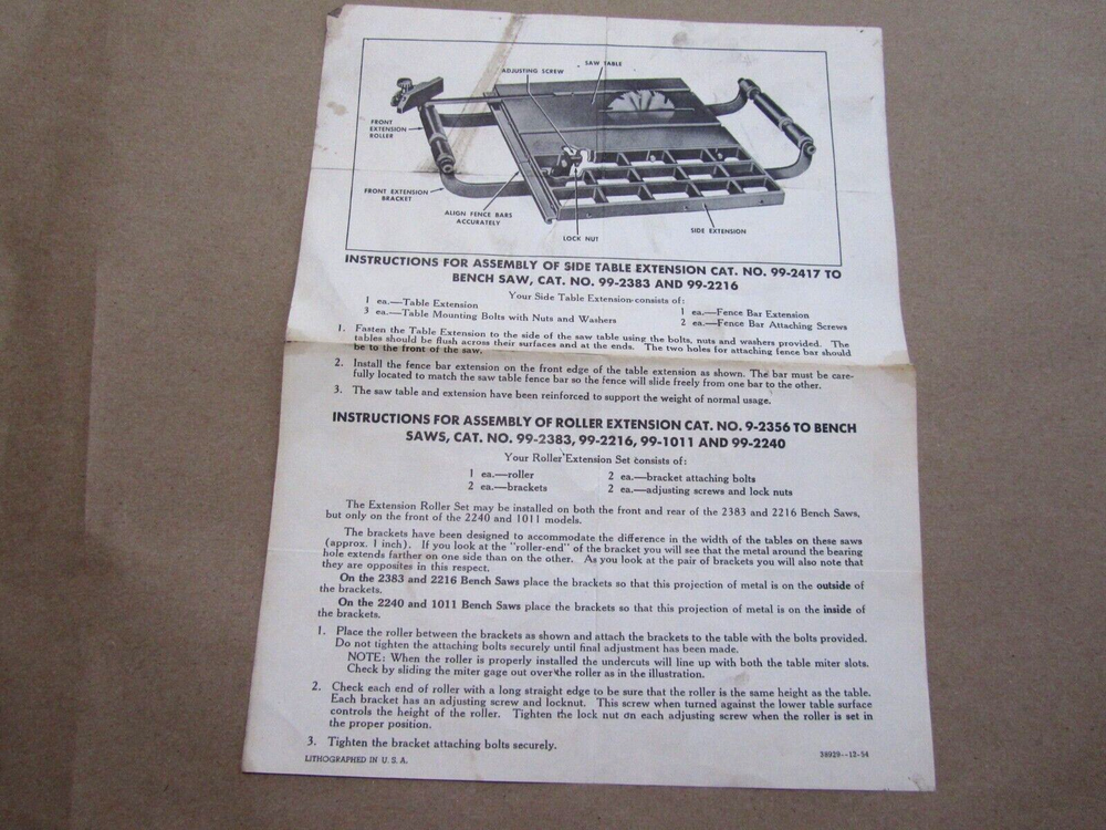 Assembly Manual For Craftsman 99-2417 Side Table & 9-2356 Roller Extensions