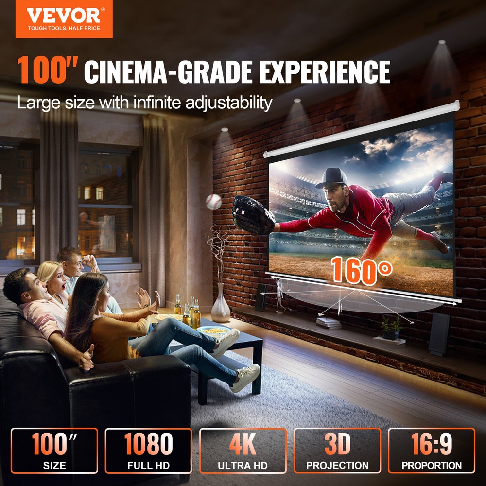 VEVOR Manual Pull Down Projector Screen 100 inch 16:9 4K 1080 HD Retractable