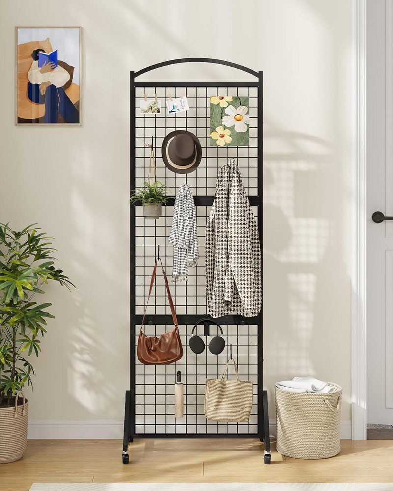 Foldable Grid Wall Panel 1.9' x 5.6', Movable Display Rack with Hooks, Black