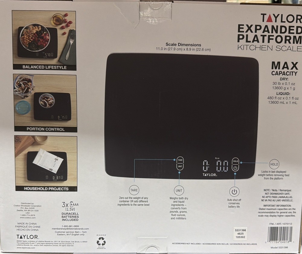 Taylor Waterproof Digital Kitchen Scale 30 lb Capacity Expanded Platform – New
