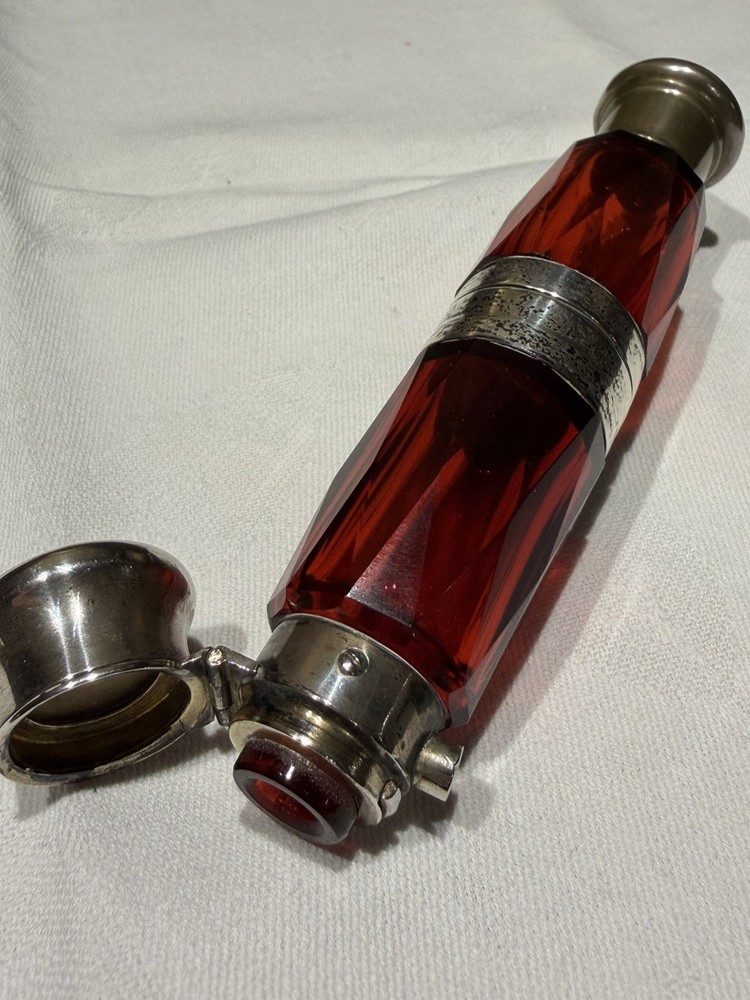 Victorian Ruby Red Glass Folding Double Scent Bottle Silver Mount