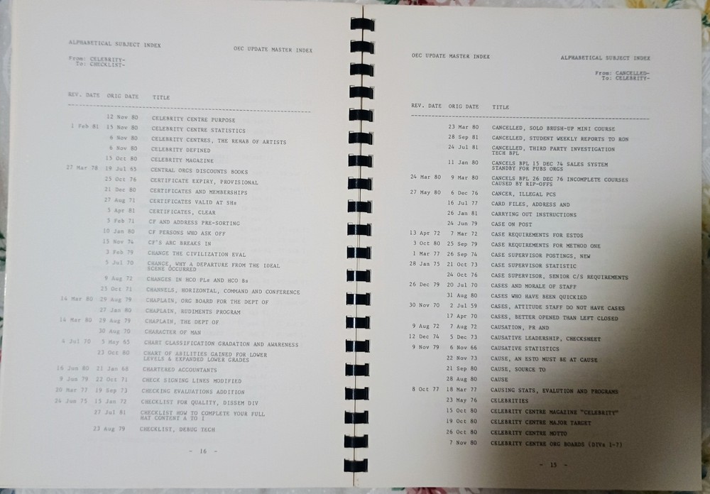 Scientology's OEC Update Master Index