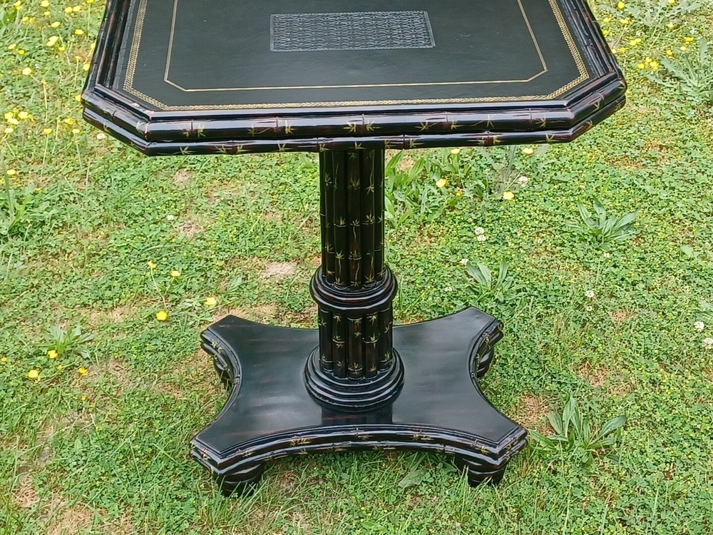 Maitland Smith Side Table Ebonized Faux Bamboo Leather Top Hand Painted Table