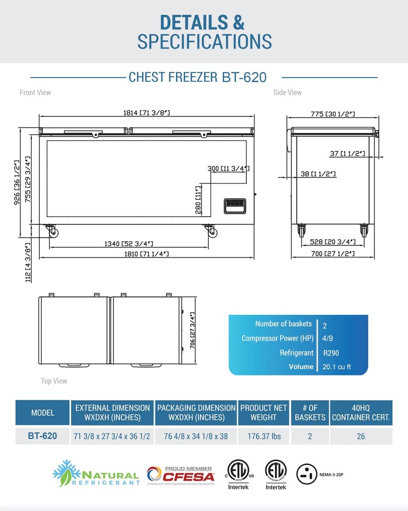 Chef AAA - 71" Chest Freezer (2) Doors