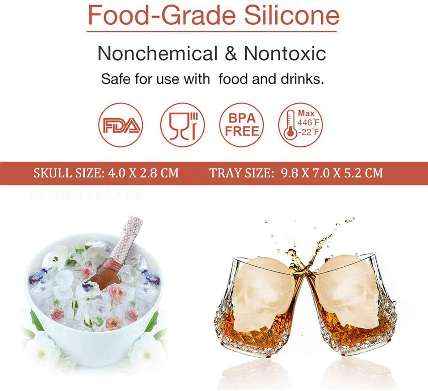 Ice Cube Mold 3D Skull Ice Cube Mold Tray For Whiskey, Cocktail, Bev