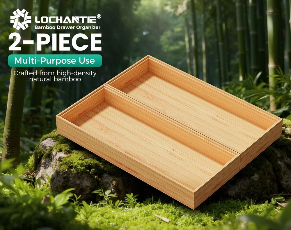 Long Bamboo Kitchen Drawer Organizer Boxes – 17" x 6" Stackable Wood Silve
