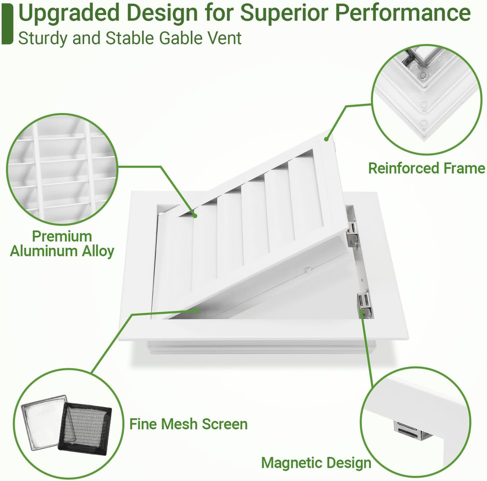 2 Pack 12''X12'' Aluminum Gable Vent with Replaceable Screen, Louvered Attic & S