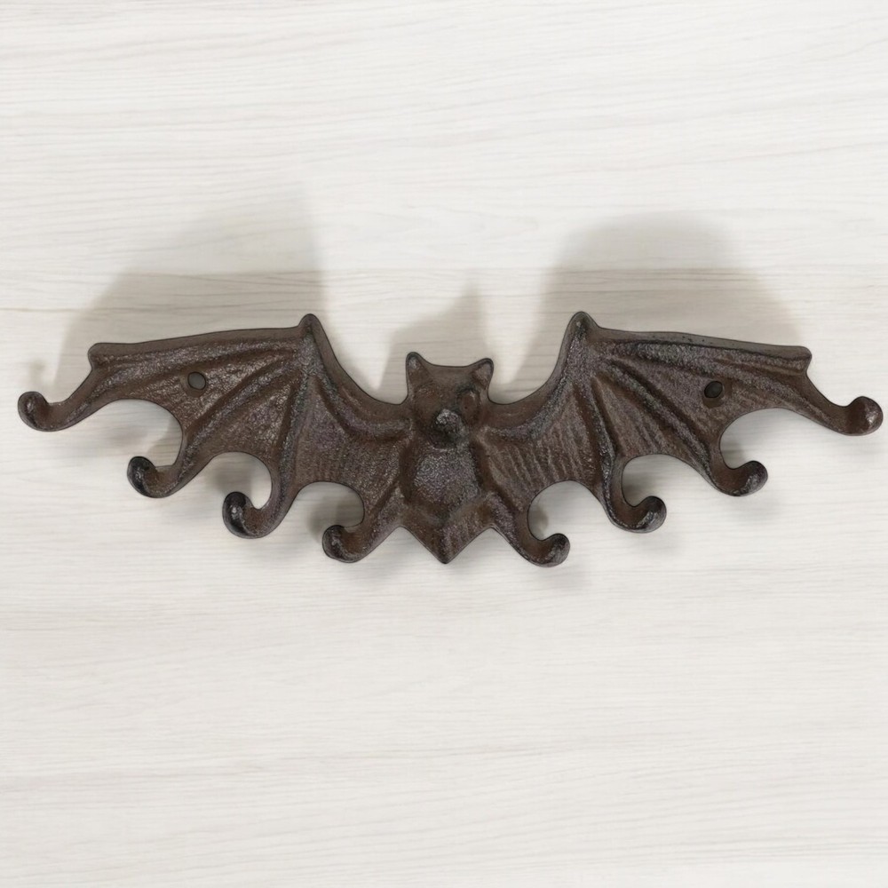 Rustic Cast Iron Bat Wall Hook – Gothic Halloween Decor, Key Rack w/ 8 Hooks