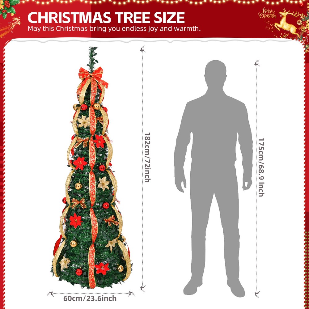 6FT Fully Decorated Pre-lit Christmas Tree, Pop Up Artificial Xmas Trees w Light