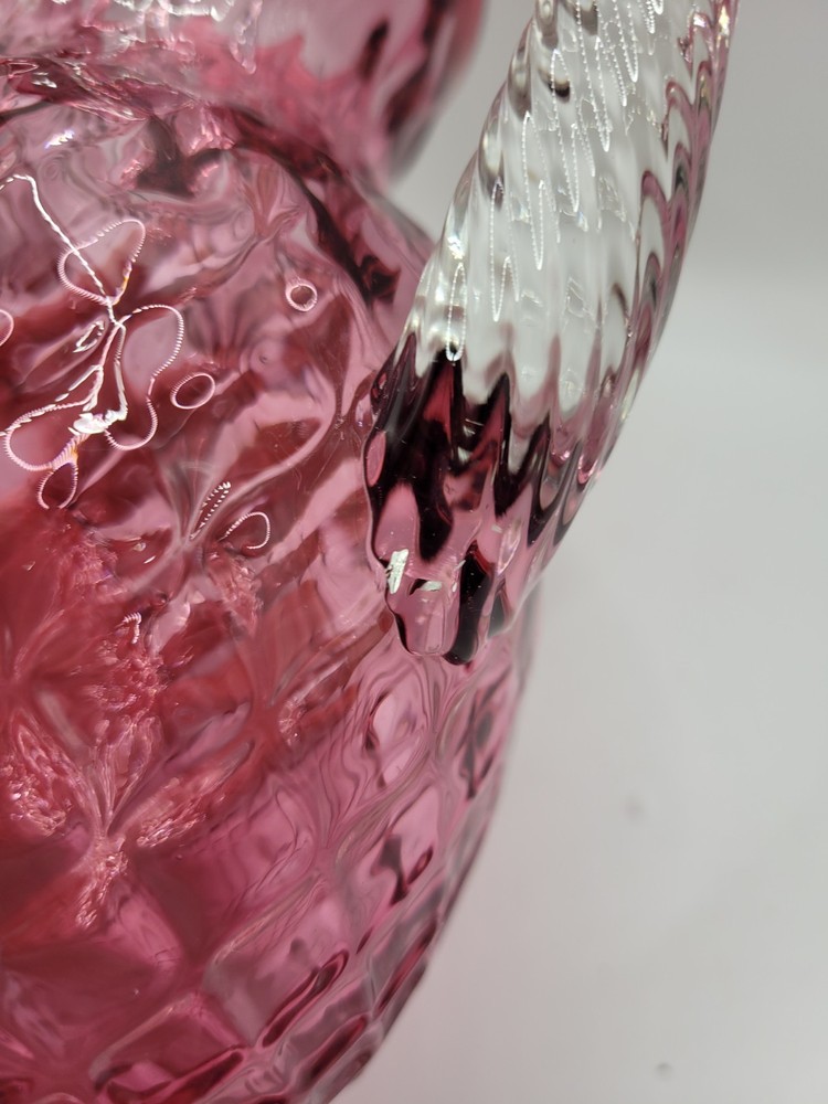 Cranberry Art Glass Pitcher Diamond Pattern With Applied Clear Handle