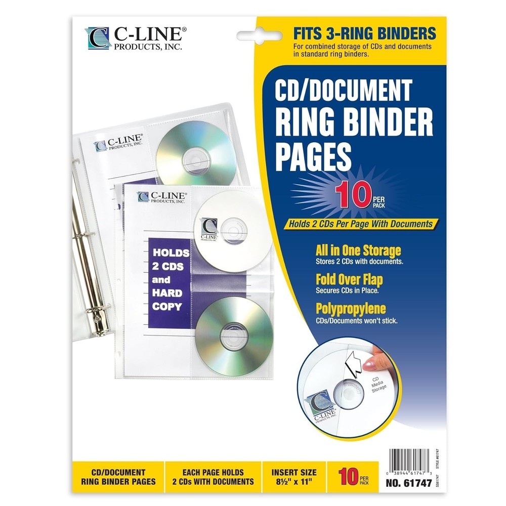 Convenient 10 Count CD/Document Binder Pages, Fits Standard Binders, 8.5 x 11