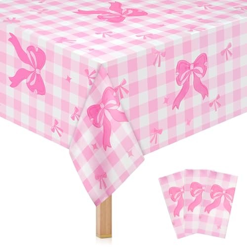 3PCS Pink Bow Tablecloths, Disposable Pink and White Checkered Plastic Table