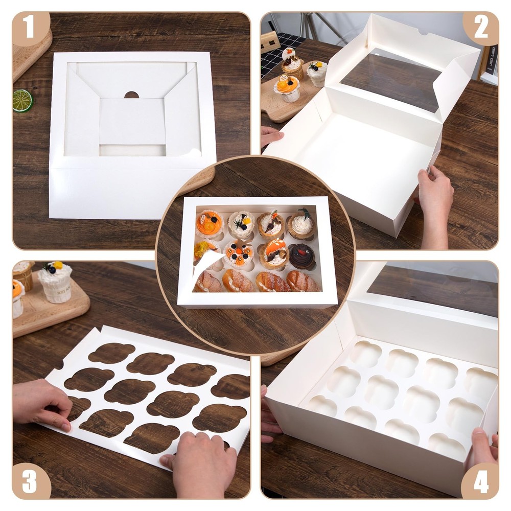 3 Pcs White 12 Count Cupcake Container Pastry Boxes With Clear View Window