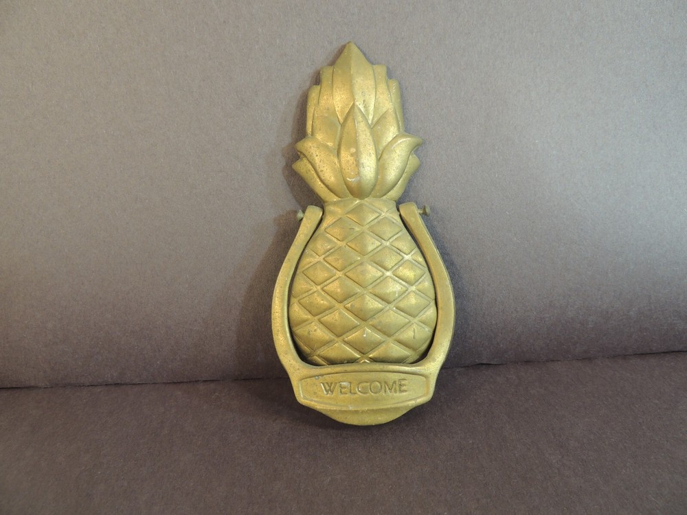 Vintage Solid Brass Pineapple Door Knocker "Welcome" Handle  Knock 6.75" *