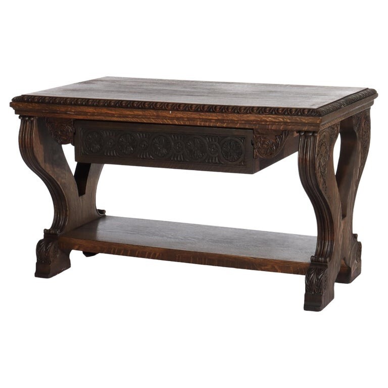 Arts & Crafts Carved Oak Trestle Library Table C1910