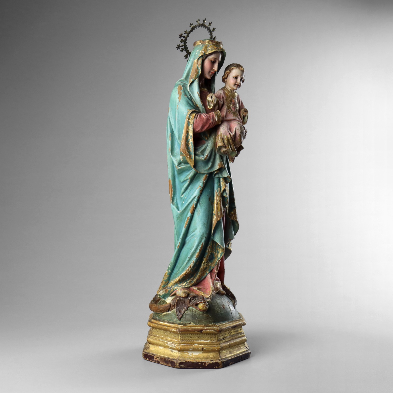 Antique 19th Century Carved Wood Polychrome Virgin Mary Madonna & Child Statue