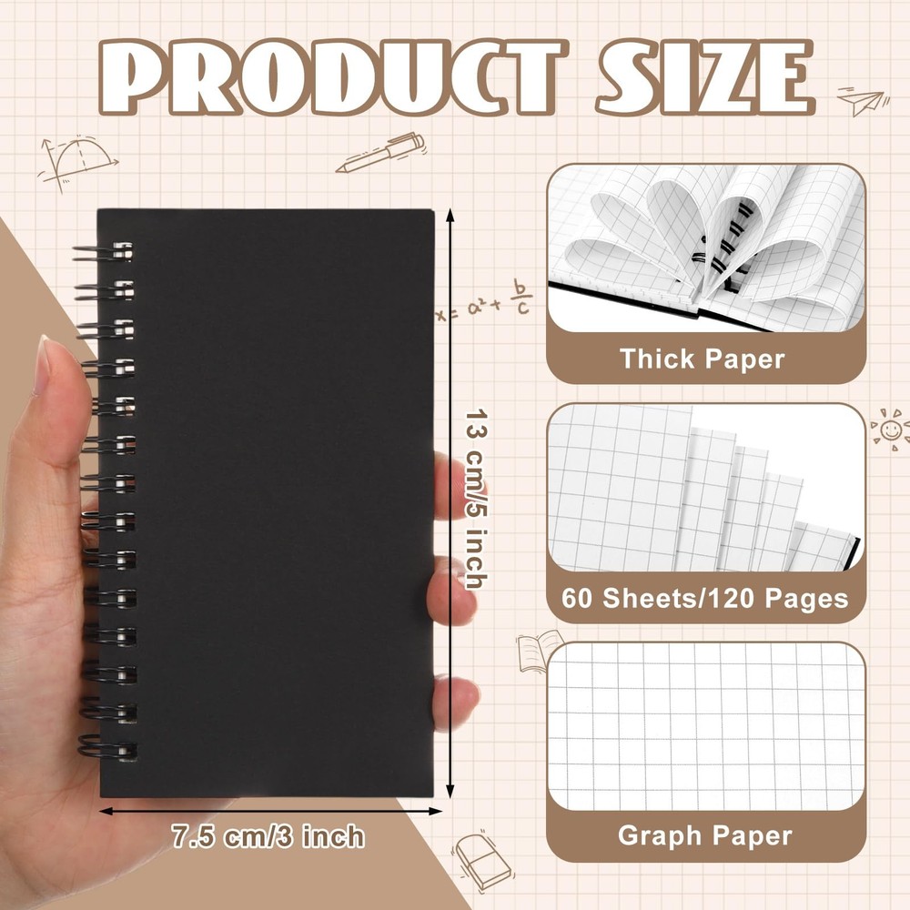 Jutom 2 Pcs Small Graph Paper Pads Notebook Mini Spiral Notebooks Grid Black