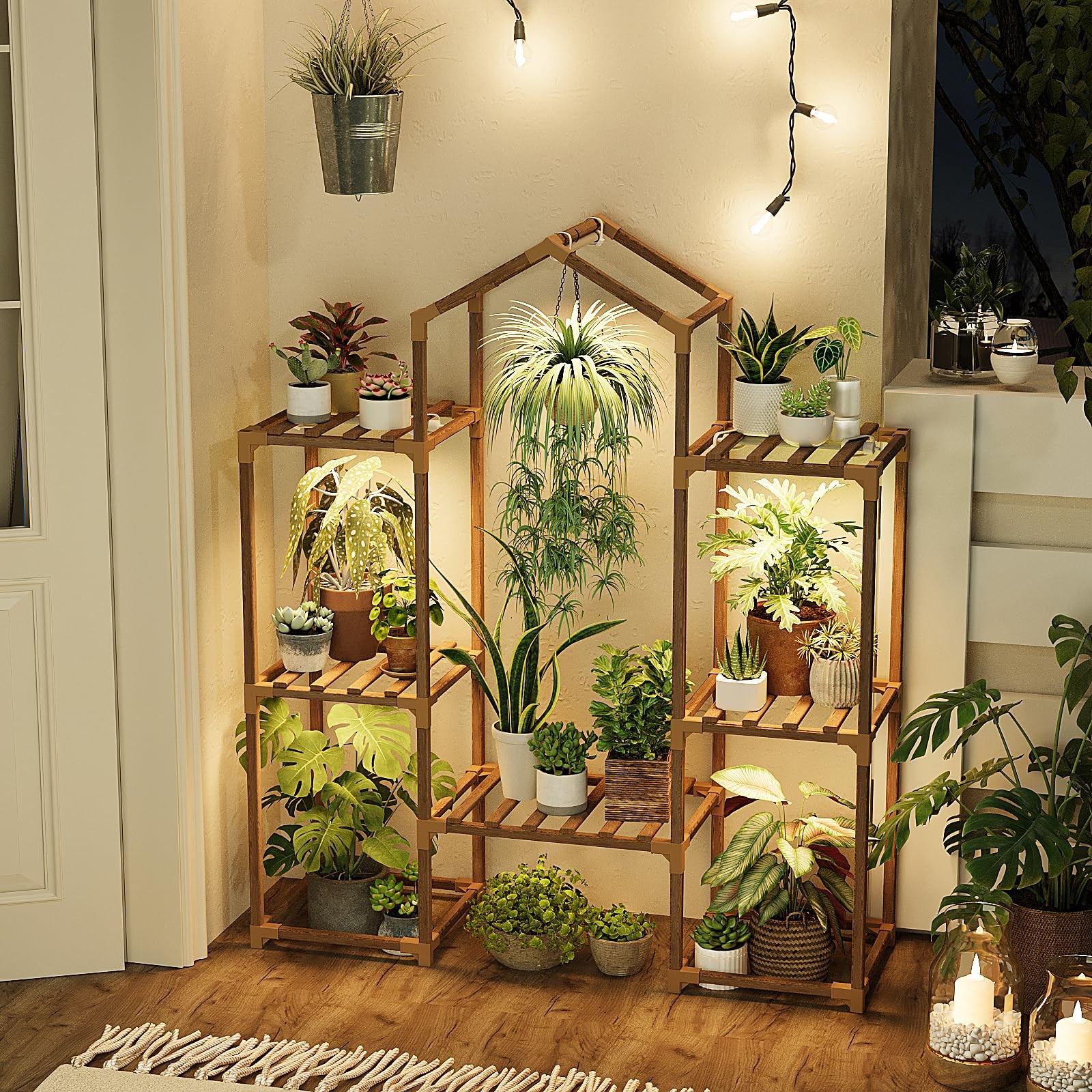 Indoor Plant Stand with Grow Lights Wooden Shelf for Hanging Flower Pots